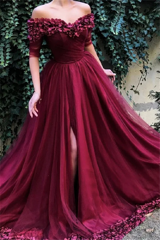 Today’s Special Burgundy A-line Off-the-Shoulder Tulle Flower Applique Prom Dresses Today’s Special Burgundy A-line Off-the-Shoulder Tulle Flower Applique Prom Dresses