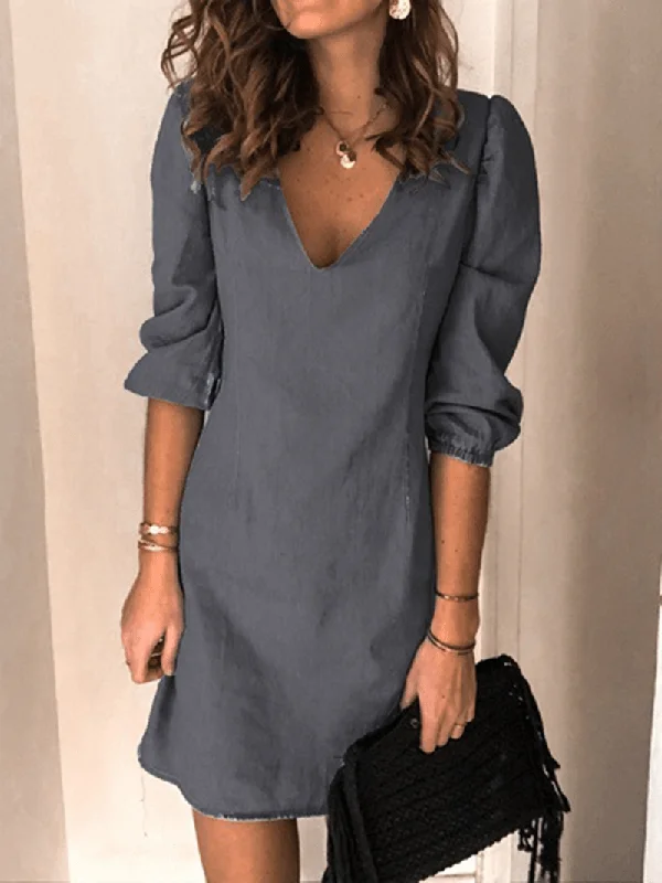 oversized dressV-Neck Denim Mini Shirt Dress with 3/4 Sleeves for Women - Casual and Chic