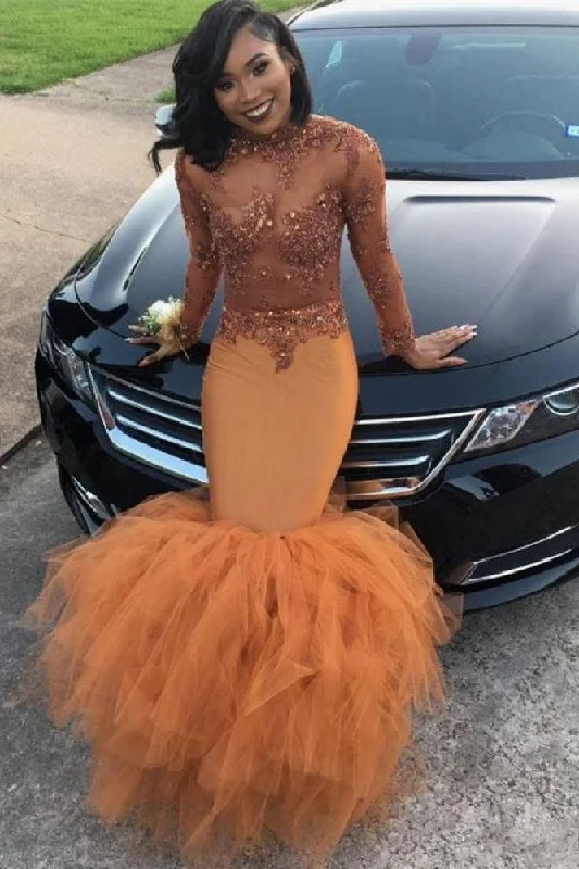 Mega Sale Modest Lace Appliques Mermaid Long Sleeves Prom Party Gowns