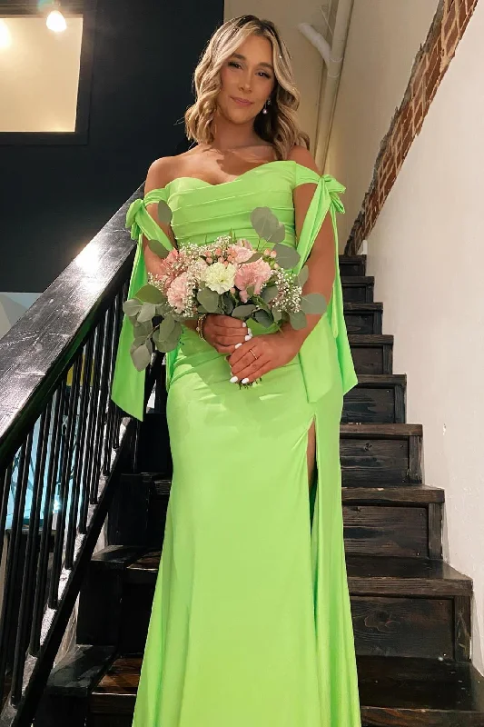 classic fit-and-flare dressOff the Shoulder Lemon Green Ruched Mermaid Long Formal Dress