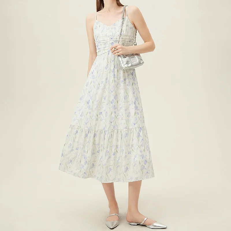 cocktail dressSummer Floral A-Line Midi Dress with Spaghetti Straps