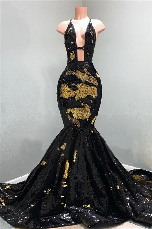 Price Buster Chic Hollow Neckline Gold and Black Long Train Mermaid Evening Dresses Price Buster Chic Hollow Neckline Gold and Black Long Train Mermaid Evening Dresses