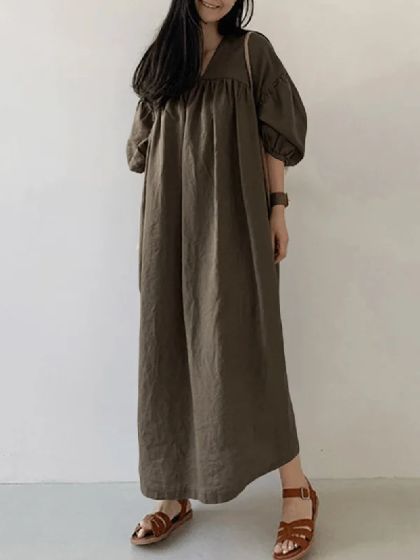 puff sleeve dressWomen Cotton Solid Pleated Loose Puff Sleeve Maxi Dresses with Side Pockets