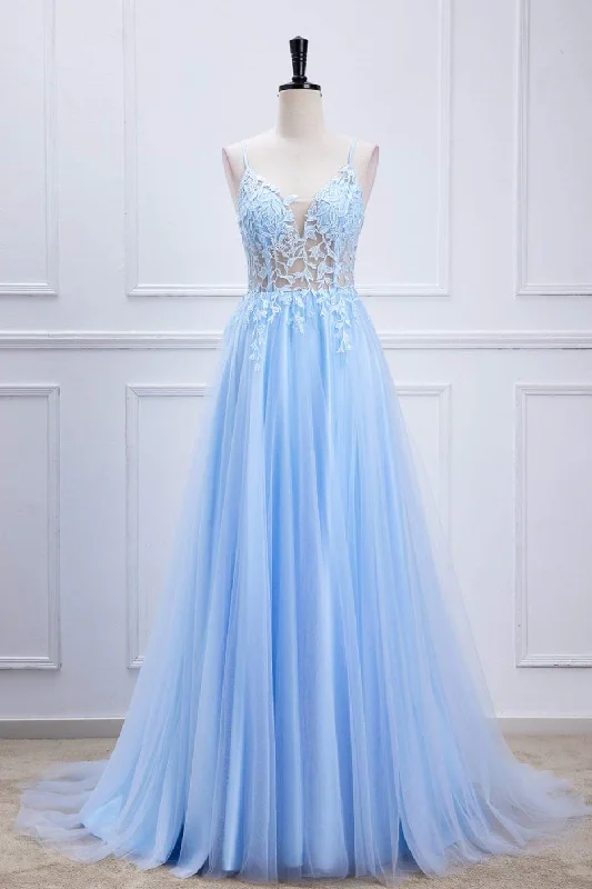 flowy dressLight Blue Lace-Up Appliques A-line Tulle Long Prom Dress