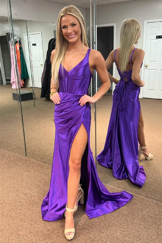 satin dressPurple Mermaid Satin V Neck Long Prom Dress with Slit