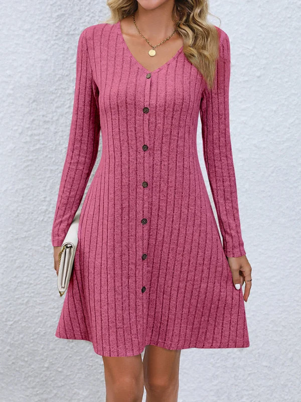 pleated dressWomen's Fashion Button Waist Long Sleeve Dress