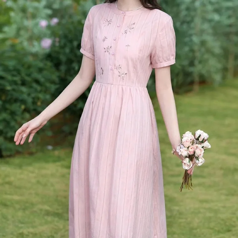 bohemian dressSummer Pink Embroidery Dress