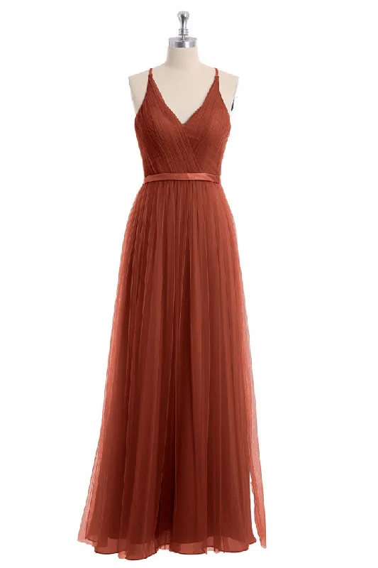 fitted dressRust Orange V-Neck Backless A-Line Long Bridesmaid Dress