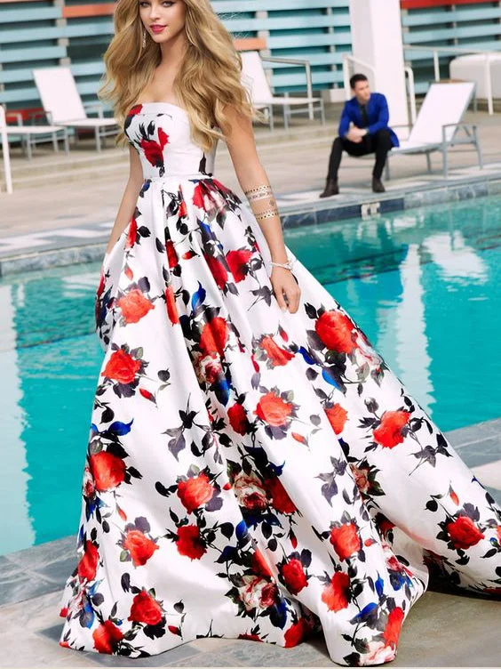 Exclusive Offers Floral Print Prom Dresses Strapless Aline Sweep Train Long White Prom Dress JKL1291 Exclusive Offers Floral Print Prom Dresses Strapless Aline Sweep Train Long White Prom Dress JKL1291