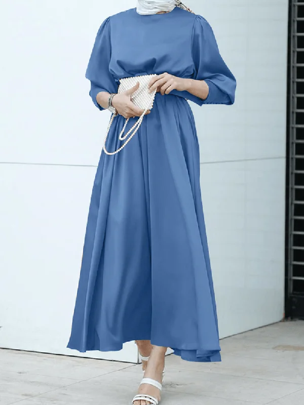 casual slip dressWomen Pure Color Lace up Puff Sleeve Casual Kaftan Maxi Dresses