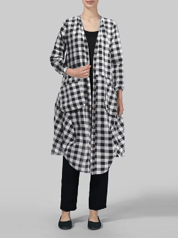 formal dressWomen Casual Loose Plaid Long Sleeve Button Pockets Dress