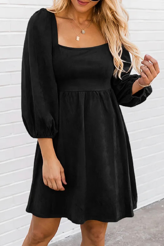 Online Only Black Suede Square Neck Puff Sleeve Dress