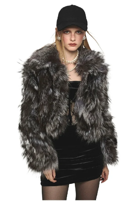 chic wool coatTurn-down Collar Silver Fox Fur Short Coat