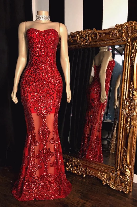 Special Savings Sweetheart Strapless Sequins Pattern Long Mermaid Prom Gowns