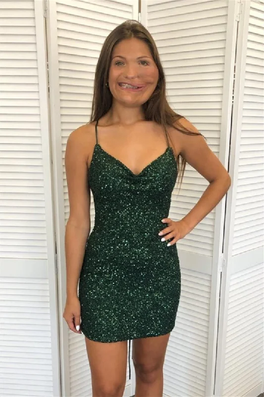 sleeveless dressHunter Green Sequins Lace-Up V Neck Homecoming Dress