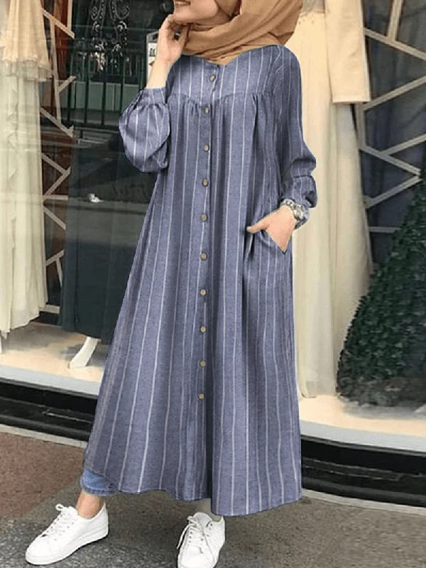 velvet dressWomen Casual Stripe Print Button Long Sleeve Side Pocket Shirt Maxi Dress