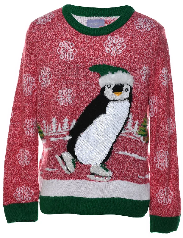 sleek jacketPenguin Design Red & Green Christmas Jumper - M