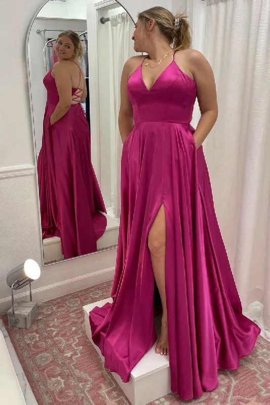 Exclusive Deal summer floral dressFuchsia V-Neck Lace-Up A-Line Long Dress with Slit Exclusive Deal summer floral dressFuchsia V-Neck Lace-Up A-Line Long Dress with Slit