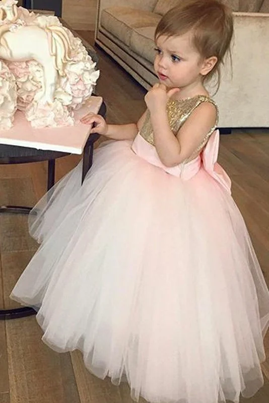 floral midi dressCute Gold Sequins and Pink Tulle Flower Girl Dress with Bow