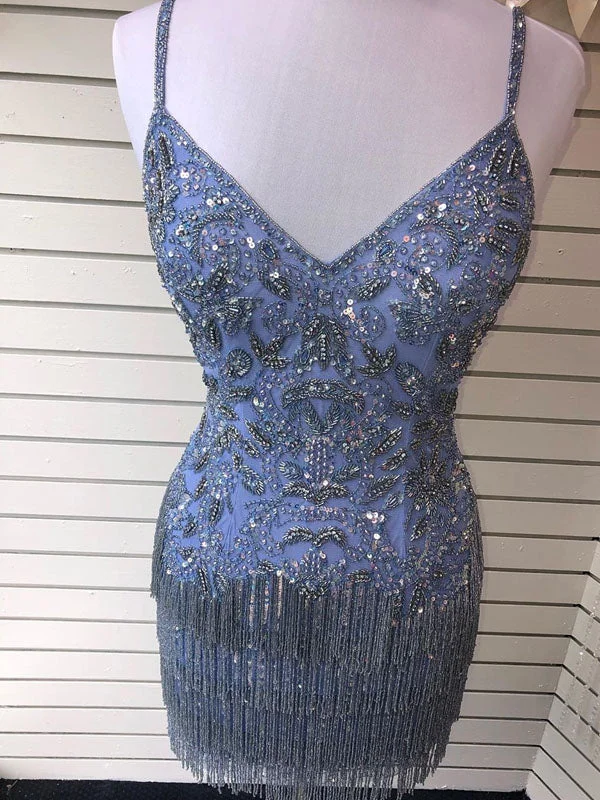 Closeout Spaghetti Straps V-Neck Light Blue Beaded Homecoming Dress Short Graduation Dress AN8802 Closeout Spaghetti Straps V-Neck Light Blue Beaded Homecoming Dress Short Graduation Dress AN8802
