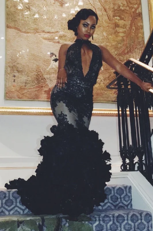 Best Bargains Alluring Keyhole Black Lace Ruffles High-Neck Sleeveless Backless Prom Party Gowns