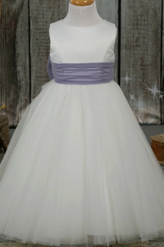 summer floral dressWhite Jewel Sleeves Buttons Long Flower Girl Dress with Purple Bow Sash