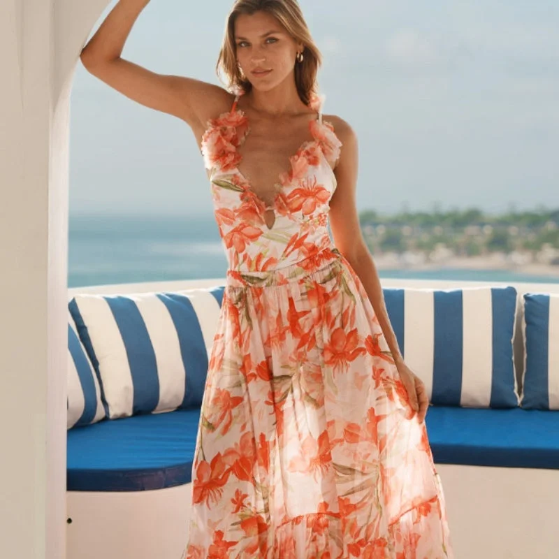 wrap-around dress3D Flower Printed V-neck One-piece Swimsuit Mid-length Dress Set