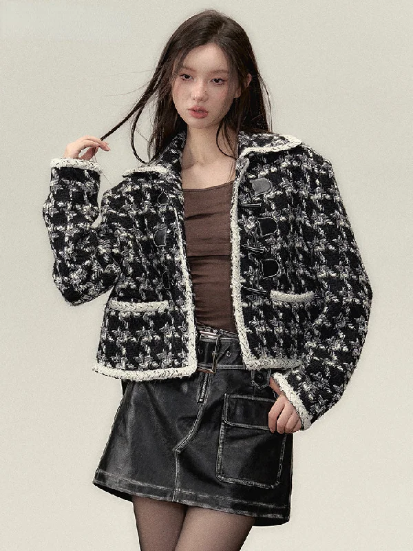 warm outerwearBlack Short Plaid Wool Jacket