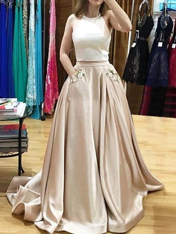 Great Deals Two Piece Prom Dresses Halter Sweep Train Prom Dress with Appliques Pockets JW104 Great Deals Two Piece Prom Dresses Halter Sweep Train Prom Dress with Appliques Pockets JW104