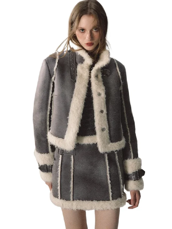 outdoor coatGrey Short Plush Shearling Jacket & Skirt Set