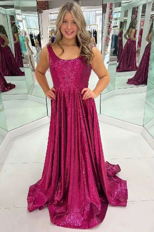 Blowout Sale casual dressFuchsia Sequin Round Neck Lace-Up Back A-Line Prom Dress