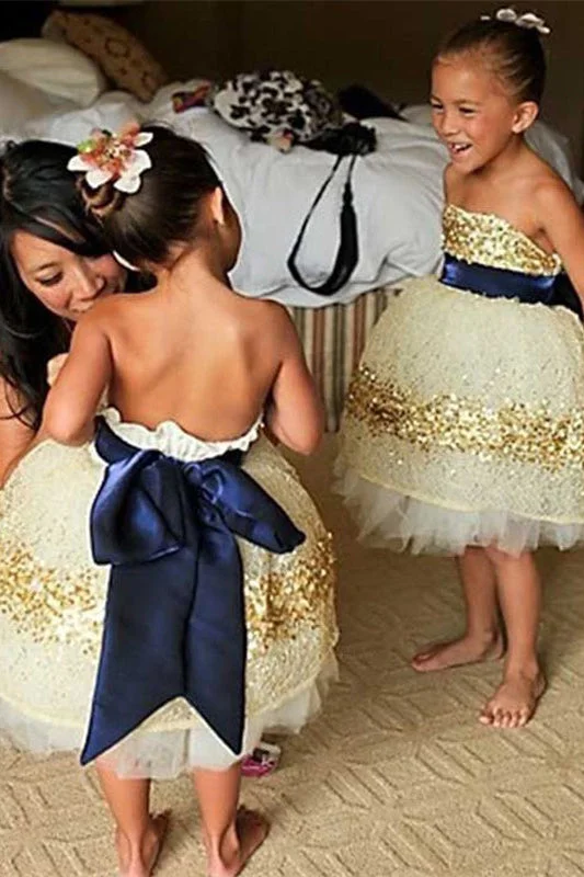 flowy dressCute Ball Gown Gold Sequins Flower Girl Dress with Bow