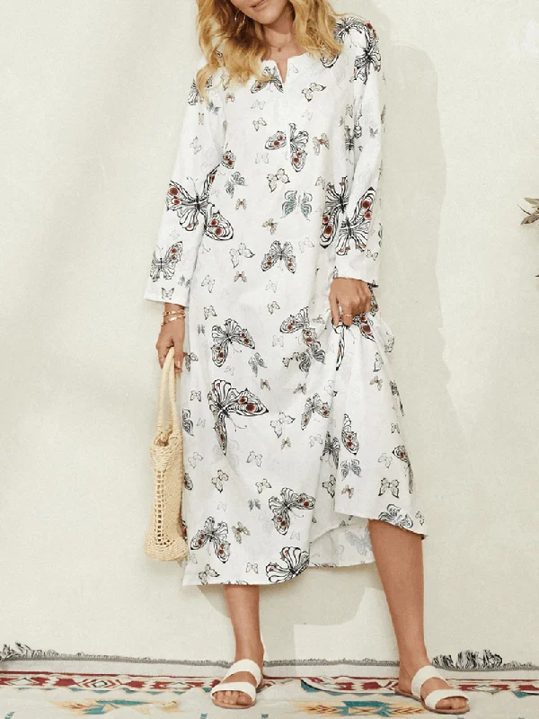 casual dressWomen Butterfly Print Long Sleeve Pocket Casual Maxi Dress