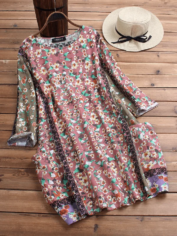 casual midi dressVintage Women Random Floral Print Crew Neck 3/4 Sleeve Dress