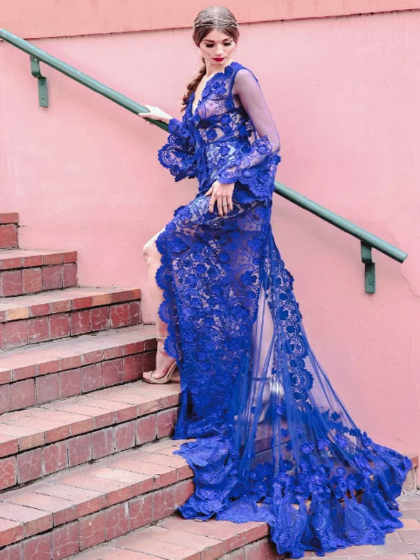 Deal Dash Long Sleeve Prom Dresses V-neck Lace Royal Blue Mermaid Open Back Prom Dress JKL1428 Deal Dash Long Sleeve Prom Dresses V-neck Lace Royal Blue Mermaid Open Back Prom Dress JKL1428