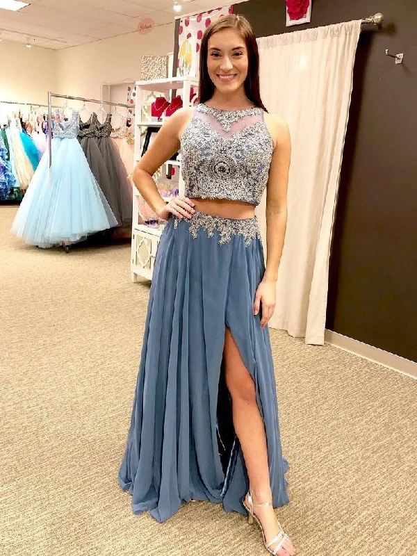 Savings Galore Two Piece Prom Dresses Scoop Aline Floor-length Appliques Slit Long Prom Dress JKS294 Savings Galore Two Piece Prom Dresses Scoop Aline Floor-length Appliques Slit Long Prom Dress JKS294