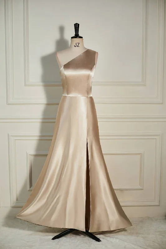 high-waisted dressChampagne One Shoulder A-line Satin Long Dress with Slit