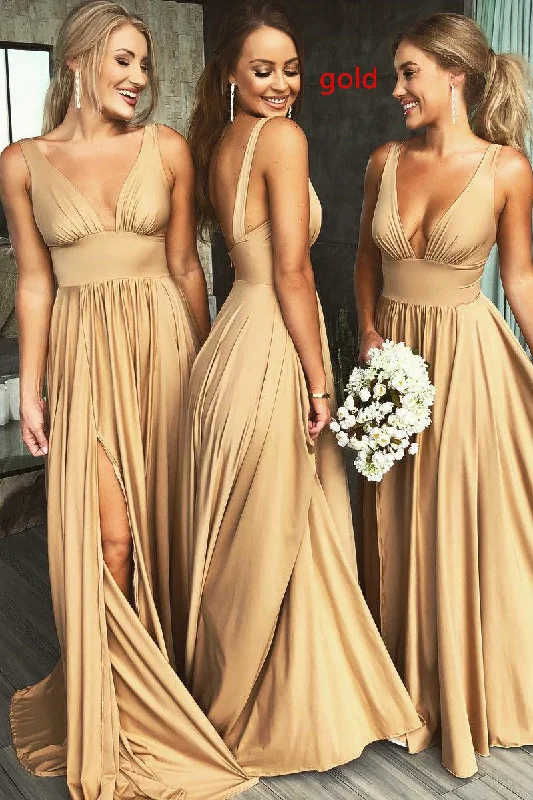 casual summer dressElegant A-Line V Neck Gold Long Bridesmaid Dress with Side Slit