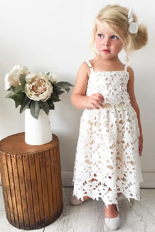 cocktail dressSpaghetti Straps White Lace Flower Girl Dress