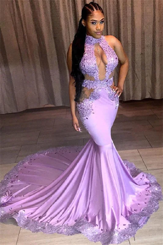 Act Fast Beautiful Halter Sleeveless Sequins Appliques Lace Mermaid Prom Dresses