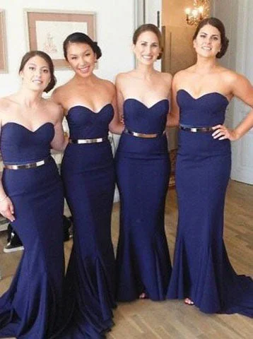 knit dressMermaid Navy Blue Bridesmaid Dress - Sweetheart Gold Belt