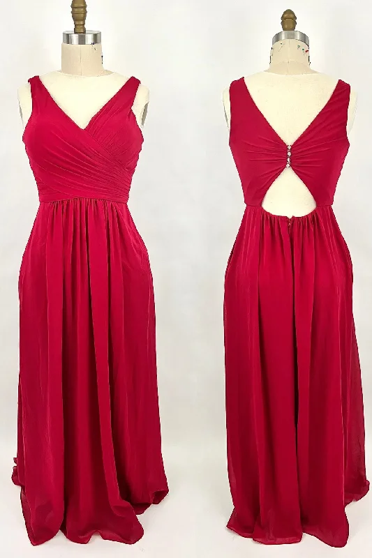 New Deals flowy evening dressRuched Red V Neck A-line Long Bridesmaid Dress
