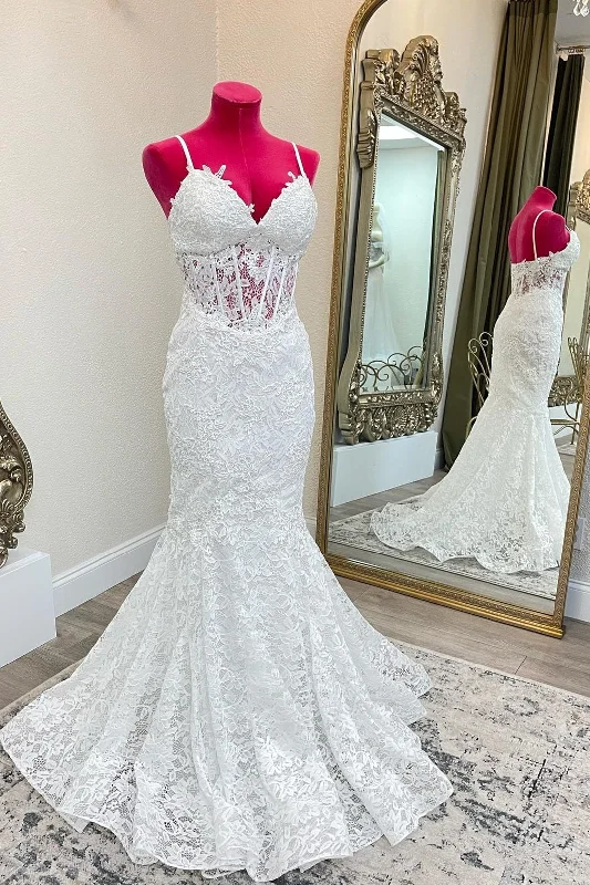 puff sleeve dressMermaid White Lace Long Wedding Dress