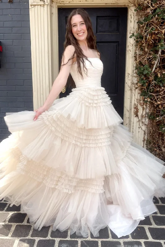 Super Sale trendy wrap dressChampagne Strapless A-line Multi-Layers Tulle Long Prom Dress with Slit