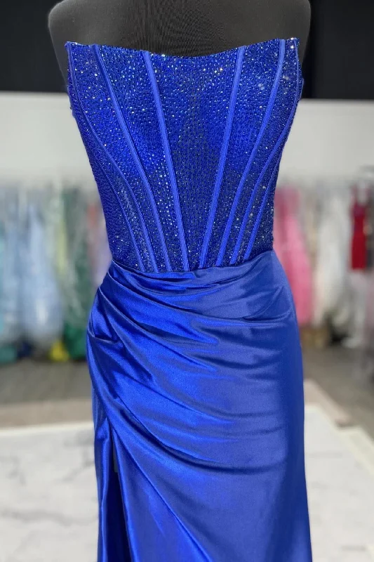 cocktail party dressBeaded Royal Blue Ruched Mermaid Formal Dress