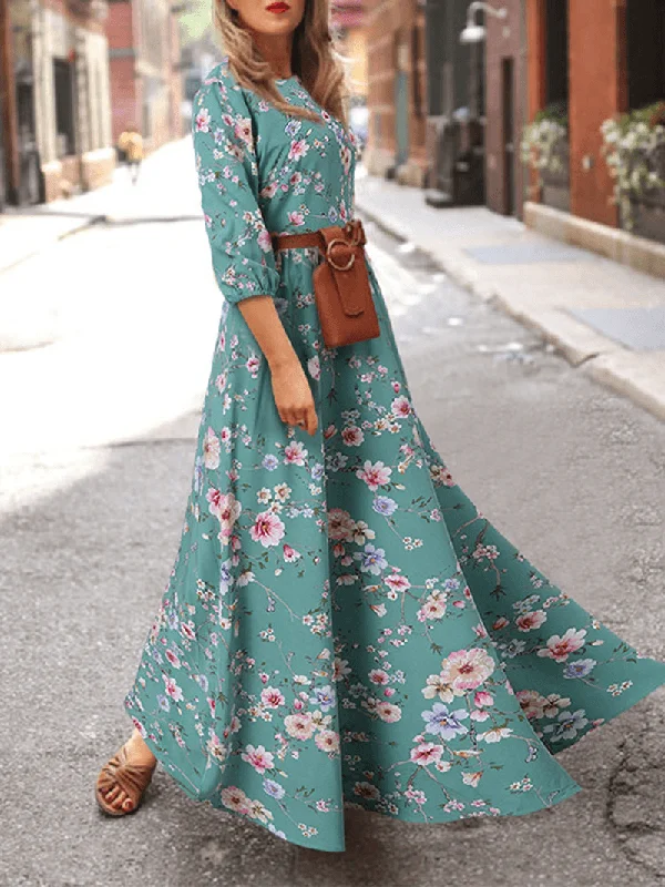 flowy evening dressWomen Bohemia Floral Print O-Neck Casual Half Sleeve Holiday Maxi Dresses