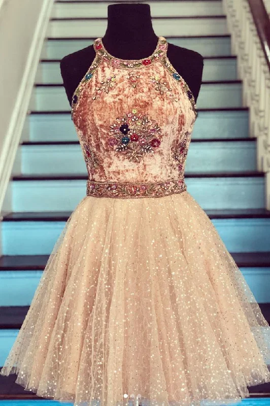 Mega Sale Champagne tulle beads short prom dress, champagne homecoming dress JKF012