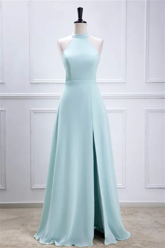 off-the-shoulder dressBlue Halter A-line Chiffon Long Bridesmaid Dress with Slit