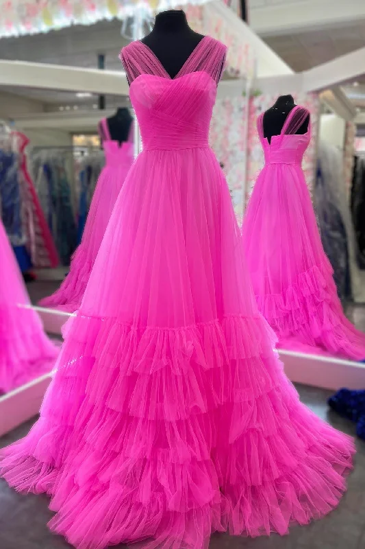 Special Savings office dressHot Pink Illusion Strapless A-line Layers Tulle Long Prom Dress Special Savings office dressHot Pink Illusion Strapless A-line Layers Tulle Long Prom Dress