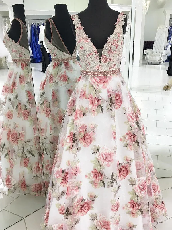 Savings Spectacular Floral Print Prom Dresses V-neck A Line Floor-length Organza Long Prom Dress JKL785 Savings Spectacular Floral Print Prom Dresses V-neck A Line Floor-length Organza Long Prom Dress JKL785